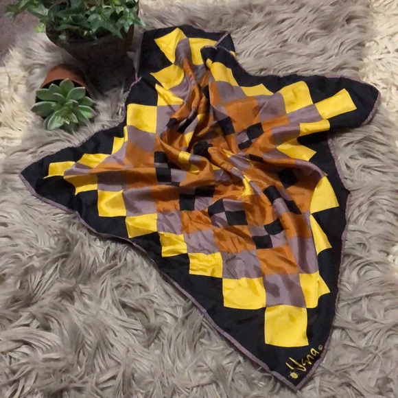 Vintage Vera Neumann Scarf-21x21-Black/Yellow/Mustard-EUC - Picture 2 of 10